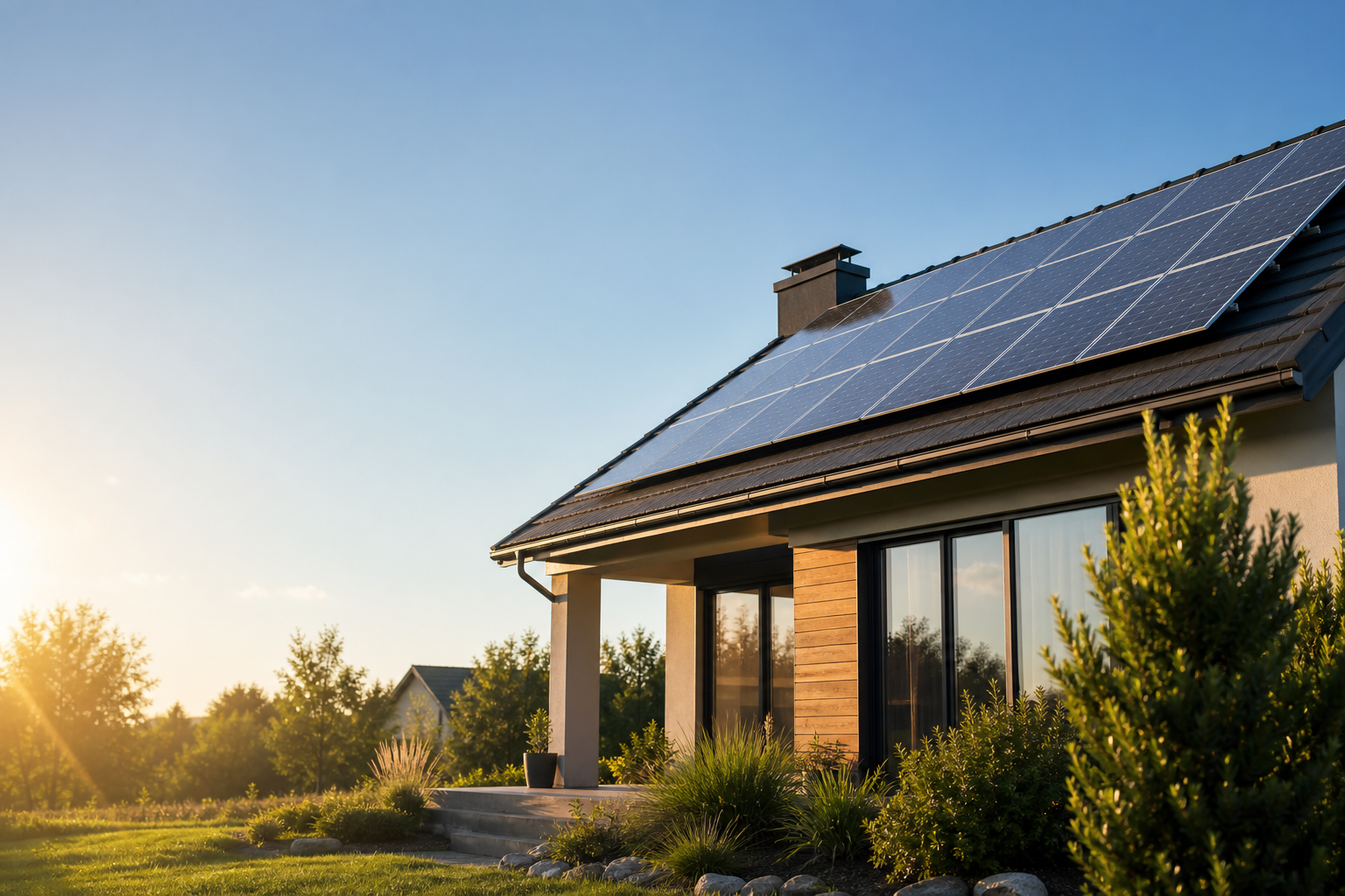 Modern home with rooftop solar panels in warm sunlight
