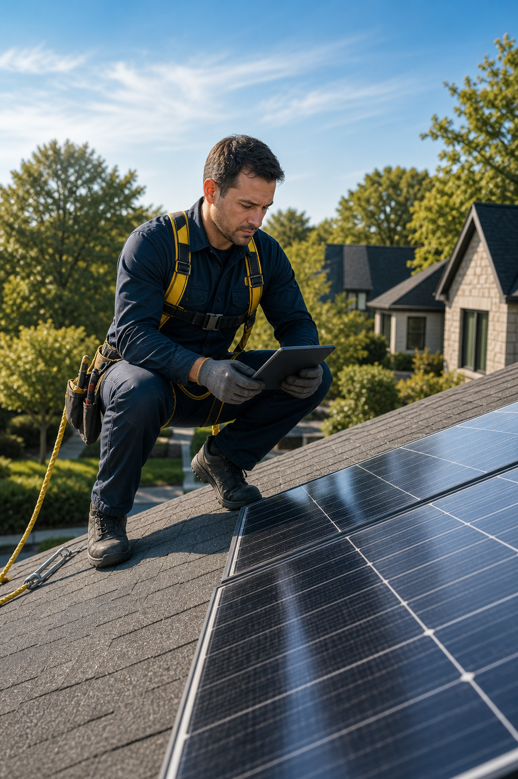 Solar technician inspecting rooftop panels with a tablet