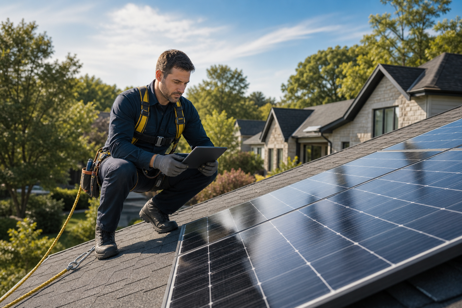 Solar technician inspecting rooftop panels with a tablet